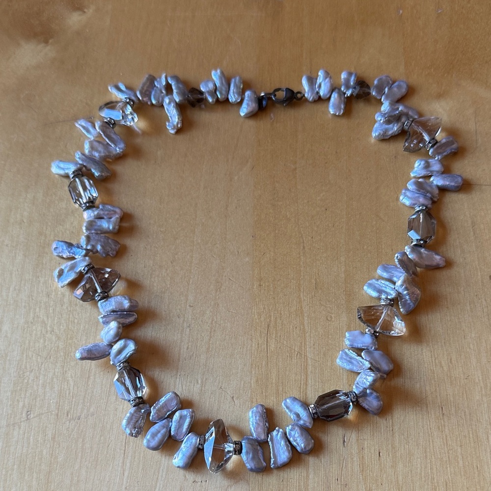 Lavender gray Keshi Pearl & Smoky Crystal Necklace